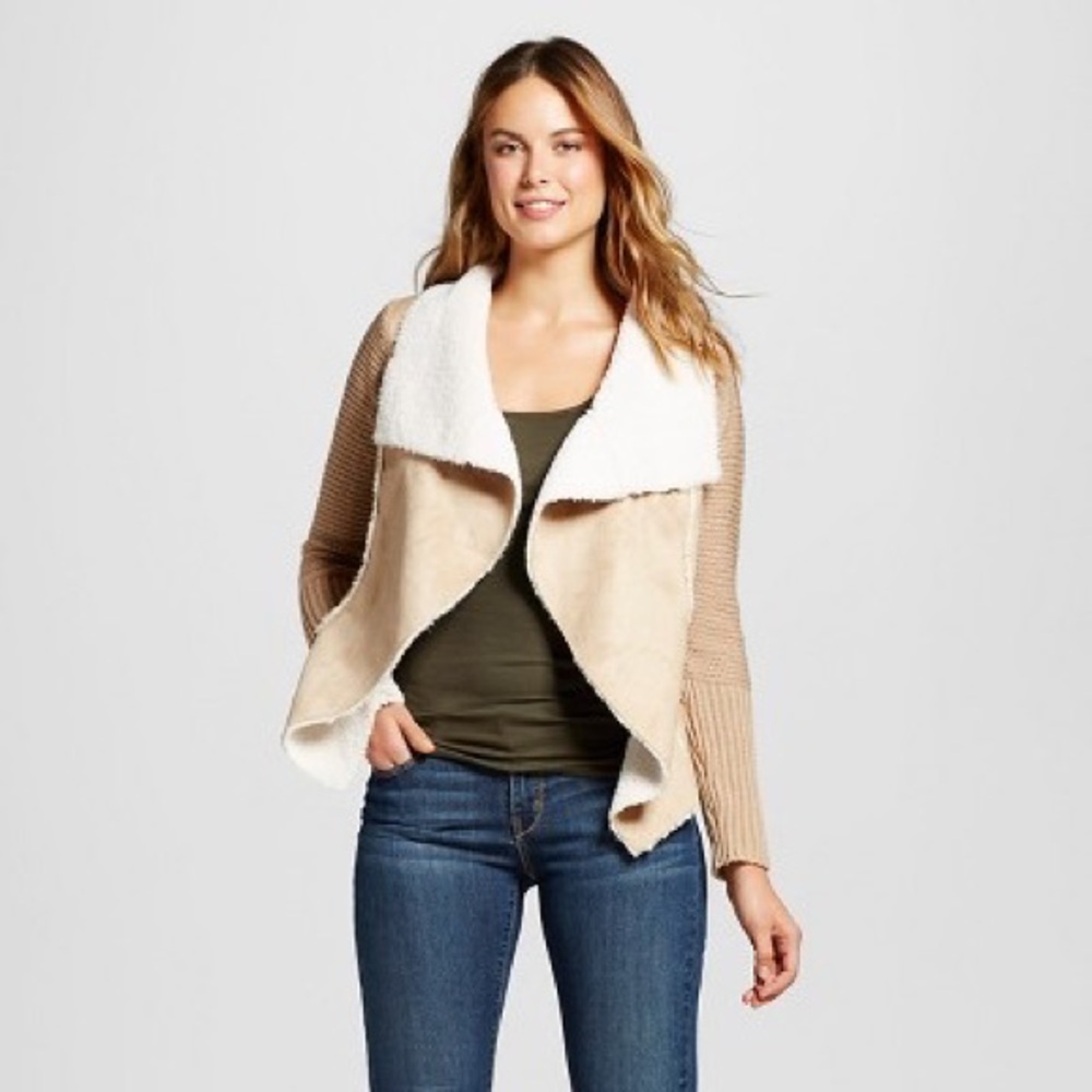 Women’s Knox Rose Open Front Faux Suede Shearling Creme Cardigan Sweater Jacket